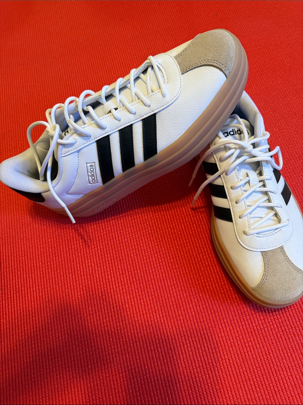 adidas White Sneakers with Black Stripes and Tan Suede Toe